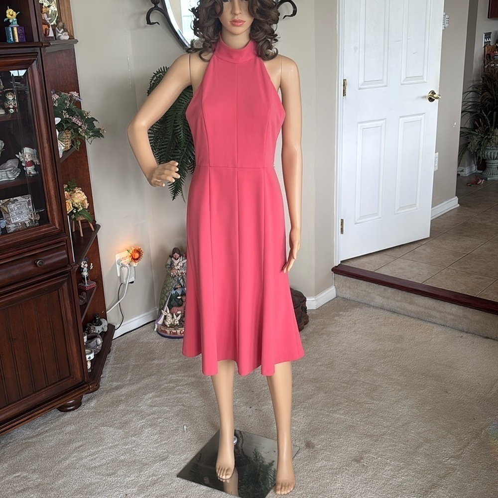 Donna Morgan Coral Tailored Midi Dress Halter Mock Neck Sleeveless Fit & Flare